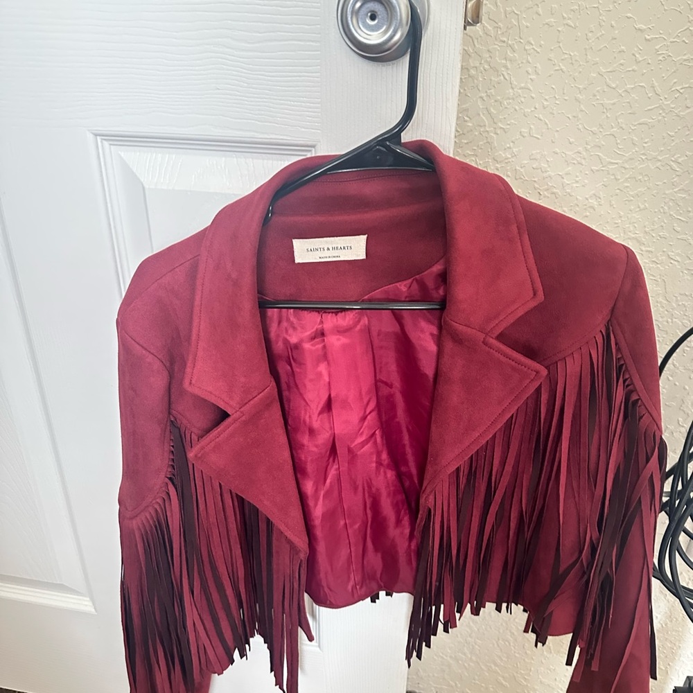 Women's Burgundy Fringe Leather Jacket